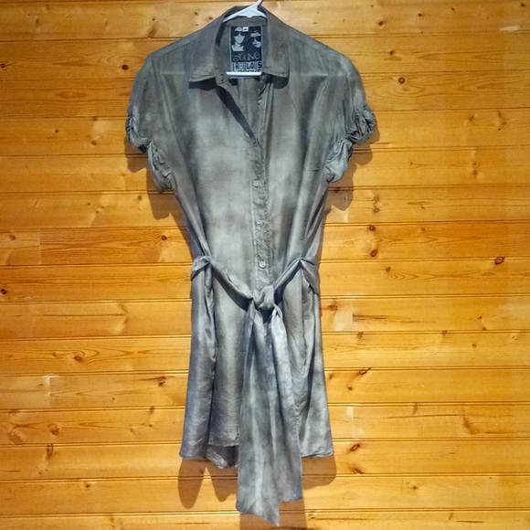 Khaki Green Tie-dye Silk Shirtdress - Picture 1 of 4